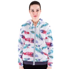 Feathers Boho Style Purple Red And Blue Watercolor Women s Zipper Hoodie by genx