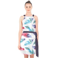 Feathers Boho Style Purple Red And Blue Watercolor Halter Collar Waist Tie Chiffon Dress by genx