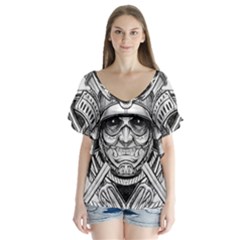 Drawing Samurai Tattoo Sketch Japanese Samurai V-neck Flutter Sleeve Top by Sudhe