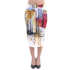 New York City Skyline Vector Illustration Velvet Midi Pencil Skirt by Sudhe