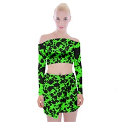 Black And Green Leopard Style Paint Splash Funny Pattern Off Shoulder Top With Mini Skirt Set by yoursparklingshop