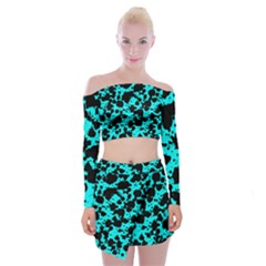 Bright Turquoise And Black Leopard Style Paint Splash Funny Pattern Off Shoulder Top With Mini Skirt Set by yoursparklingshop