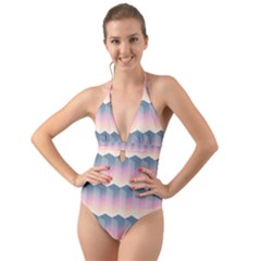 Seamless Pattern Background Block Pink Halter Cut-out One Piece Swimsuit by HermanTelo