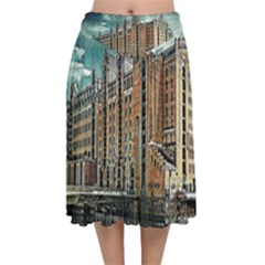 Architecture City Building Travel Velvet Flared Midi Skirt by Pakrebo