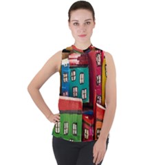 Houses Handmade Cultural Mock Neck Chiffon Sleeveless Top by Pakrebo
