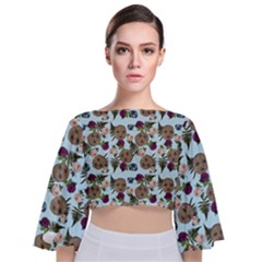 Cracked Doll Pattern Blue Tie Back Butterfly Sleeve Chiffon Top by snowwhitegirl