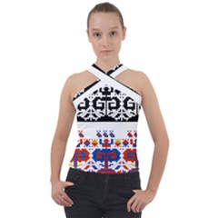 Folk Art Fabric Cross Neck Velour Top by HermanTelo