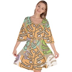 Pattern Leaves Banana Rainbow Velour Kimono Dress by HermanTelo