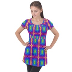 Groovy Blue Pink Yellow Square Pattern Puff Sleeve Tunic Top by BrightVibesDesign