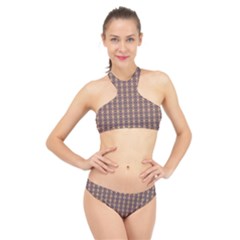 Ornate Oval Pattern Brown Blue High Neck Bikini Set by BrightVibesDesign