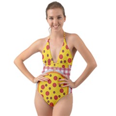Pizza Table Pepperoni Sausage Copy Halter Cut-out One Piece Swimsuit by Nexatart