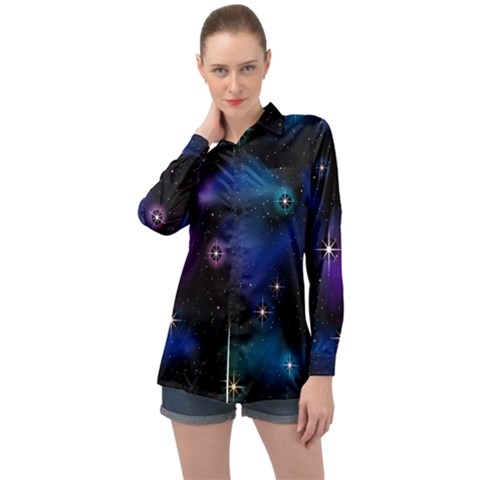 Serene Space Long Sleeve Satin Shirt by JadehawksAnD