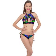 Multicolored Abstract Print Cross Front Halter Bikini Set by dflcprintsclothing
