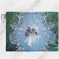 Surfboard With Dolphin Canvas Cosmetic Bag (xxxl) by FantasyWorld7