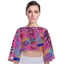 Leaves Tie Back Butterfly Sleeve Chiffon Top View1