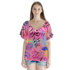 Leaves V-neck Flutter Sleeve Top by Sobalvarro