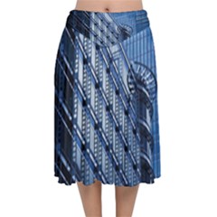 Abstract Architecture Azure Velvet Flared Midi Skirt by Pakrebo