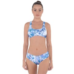 Cyan Floral Print Criss Cross Bikini Set by dflcprintsclothing