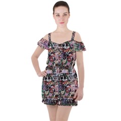 Graffiti Wall Background Ruffle Cut Out Chiffon Playsuit by Pakrebo