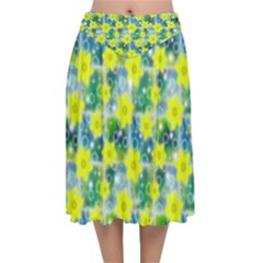 Narcissus Yellow Flowers Winter Velvet Flared Midi Skirt by HermanTelo