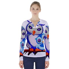 Owl Mother Owl Baby Owl Nature V-neck Long Sleeve Top by Sudhe