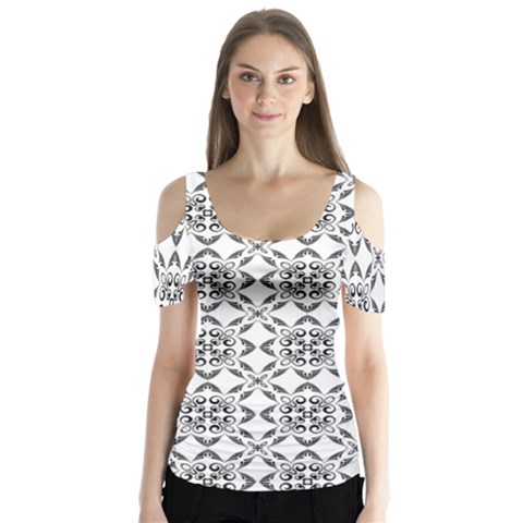Black And White Patterned Backgroun Butterfly Sleeve Cutout Tee  by designsbyamerianna