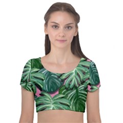 Painting Leaves Tropical Jungle Velvet Short Sleeve Crop Top  by Simbadda