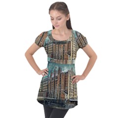 Architecture City Building Travel Puff Sleeve Tunic Top by Wegoenart