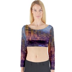 City Lights Skyline Buildings Long Sleeve Crop Top by Wegoenart