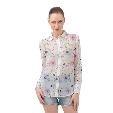 Pink Blue Flowers Pattern                      Long Sleeve Chiffon Shirt by LalyLauraFLM