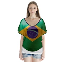 Brazil Flag Country Symbol V-neck Flutter Sleeve Top by Sapixe