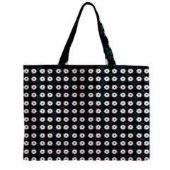 White Flower Pattern On Green Black Zipper Mini Tote Bag by BrightVibesDesign