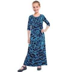 Neon Abstract Surface Texture Blue Kids  Quarter Sleeve Maxi Dress by HermanTelo