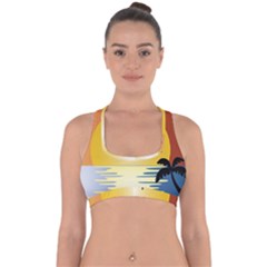Ocean Sunset Dolphin Palm Tree Cross Back Hipster Bikini Top  by Simbadda