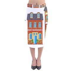 City Buildings Brick Architecture Velvet Midi Pencil Skirt by Simbadda