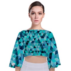 Teal Triangles Pattern Tie Back Butterfly Sleeve Chiffon Top by LoolyElzayat