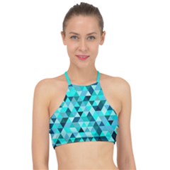 Teal Triangles Pattern Racer Front Bikini Top by LoolyElzayat