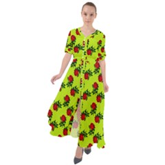 Red Roses Lime Green Waist Tie Boho Maxi Dress by snowwhitegirl
