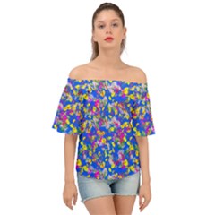Blue Hot Pink Yellow Spring Flora     Off Shoulder Short Sleeve Top by 1dsign