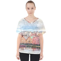 Architecture City Buildings River V-neck Dolman Drape Top by Simbadda