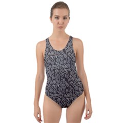 White Swirls On Gray Cut-out Back One Piece Swimsuit by bloomingvinedesign