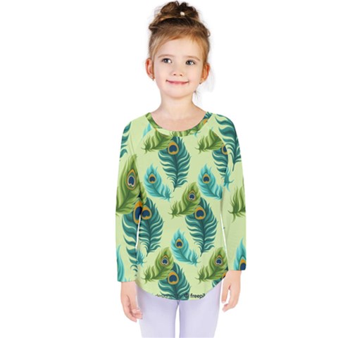 Peacock Feather Pattern Kids  Long Sleeve Tee by Vaneshart