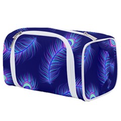 Seamless Pattern With Colorful Peacock Feathers Dark Blue Background Toiletries Pouch by Vaneshart
