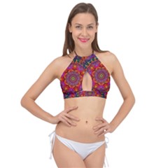 Kaleidoscope Pattern Ornament Cross Front Halter Bikini Top by Simbadda