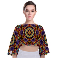 Geometric Pattern Kaleidoscope Art Mirror Image Mosaic Tie Back Butterfly Sleeve Chiffon Top by Vaneshart