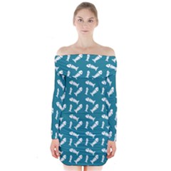 Fish Teal Blue Pattern Long Sleeve Off Shoulder Dress by snowwhitegirl