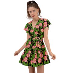 Roses Flowers Bud Flutter Sleeve Wrap Dress by Vaneshart