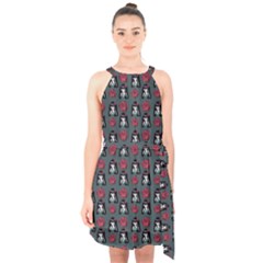Girl Flower Pattern Grey Halter Collar Waist Tie Chiffon Dress by snowwhitegirl