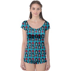 Girl Flower Pattern Blue Boyleg Leotard  by snowwhitegirl