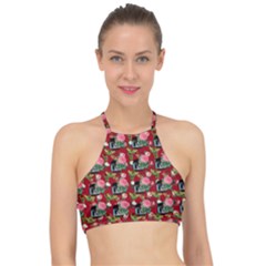 Vintage Can Floral Red Racer Front Bikini Top by snowwhitegirl